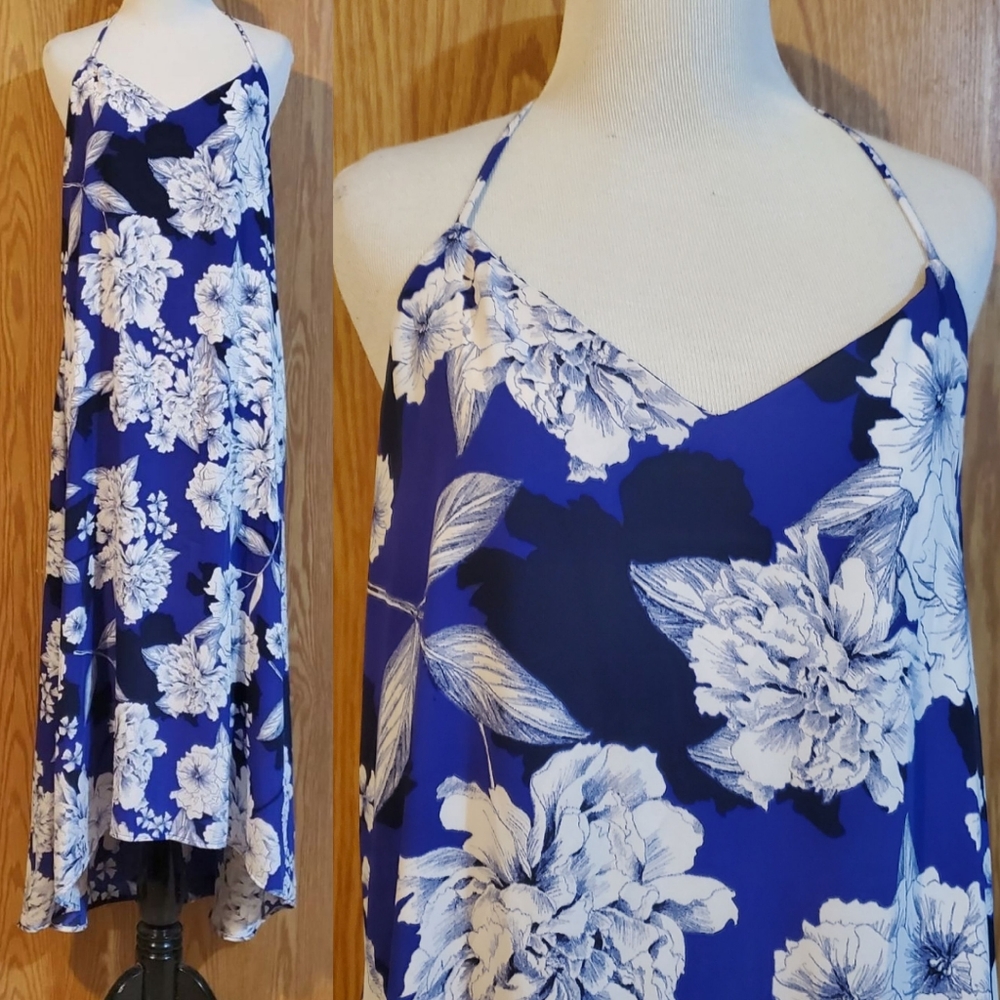 Tahari floral high low sleeveless maxi dress purplish blue polyester size S